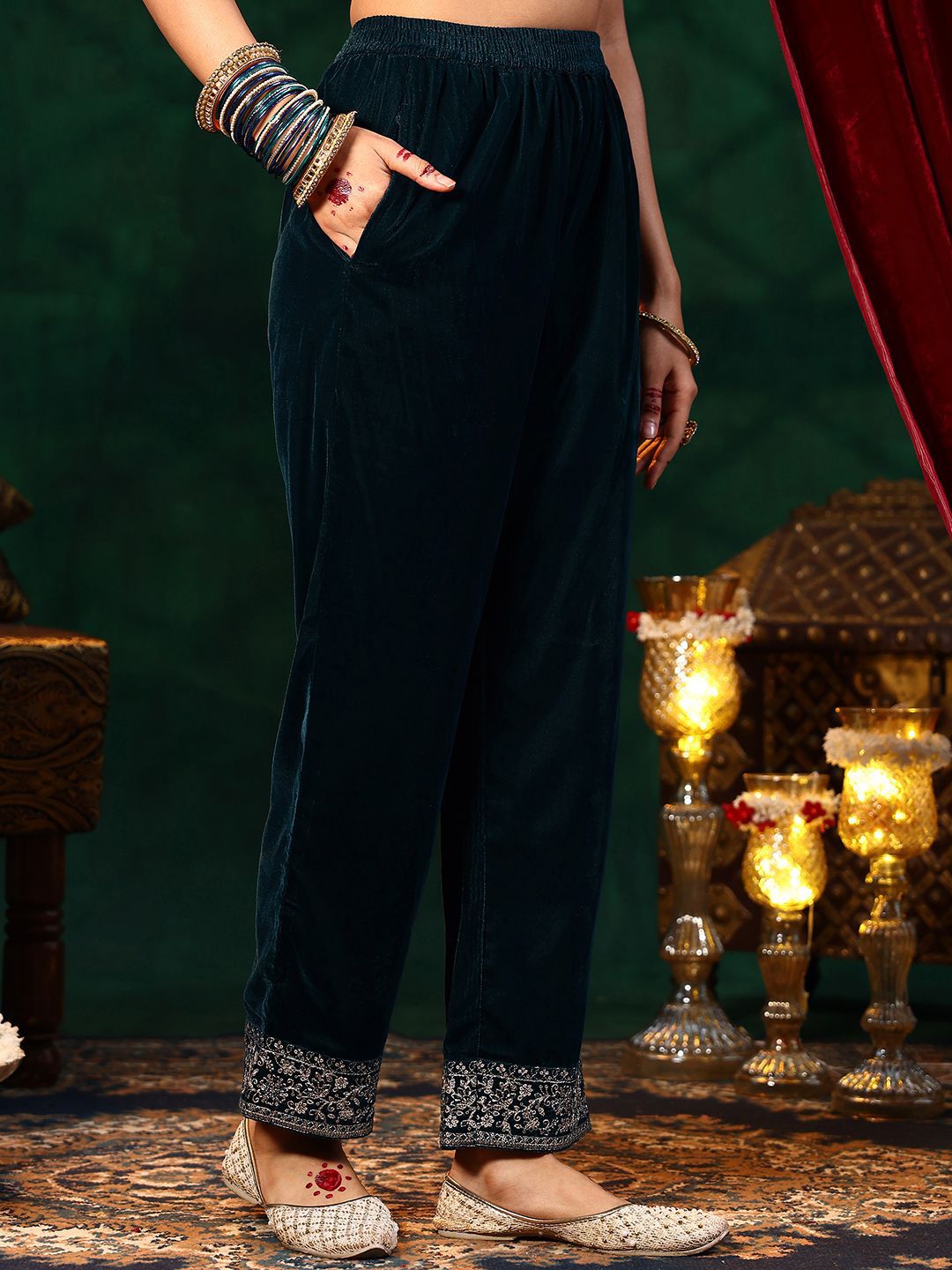 Dhiyona LL Floral Embroidered Straight Sequinned Velvet Kurta with Palazzos & Dupatta