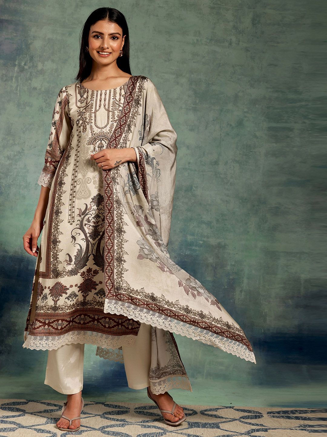 Dhiyona LL Beige Printed Ethnic Motifs Sequinned Straight Kurta With Palazzos & Dupatta