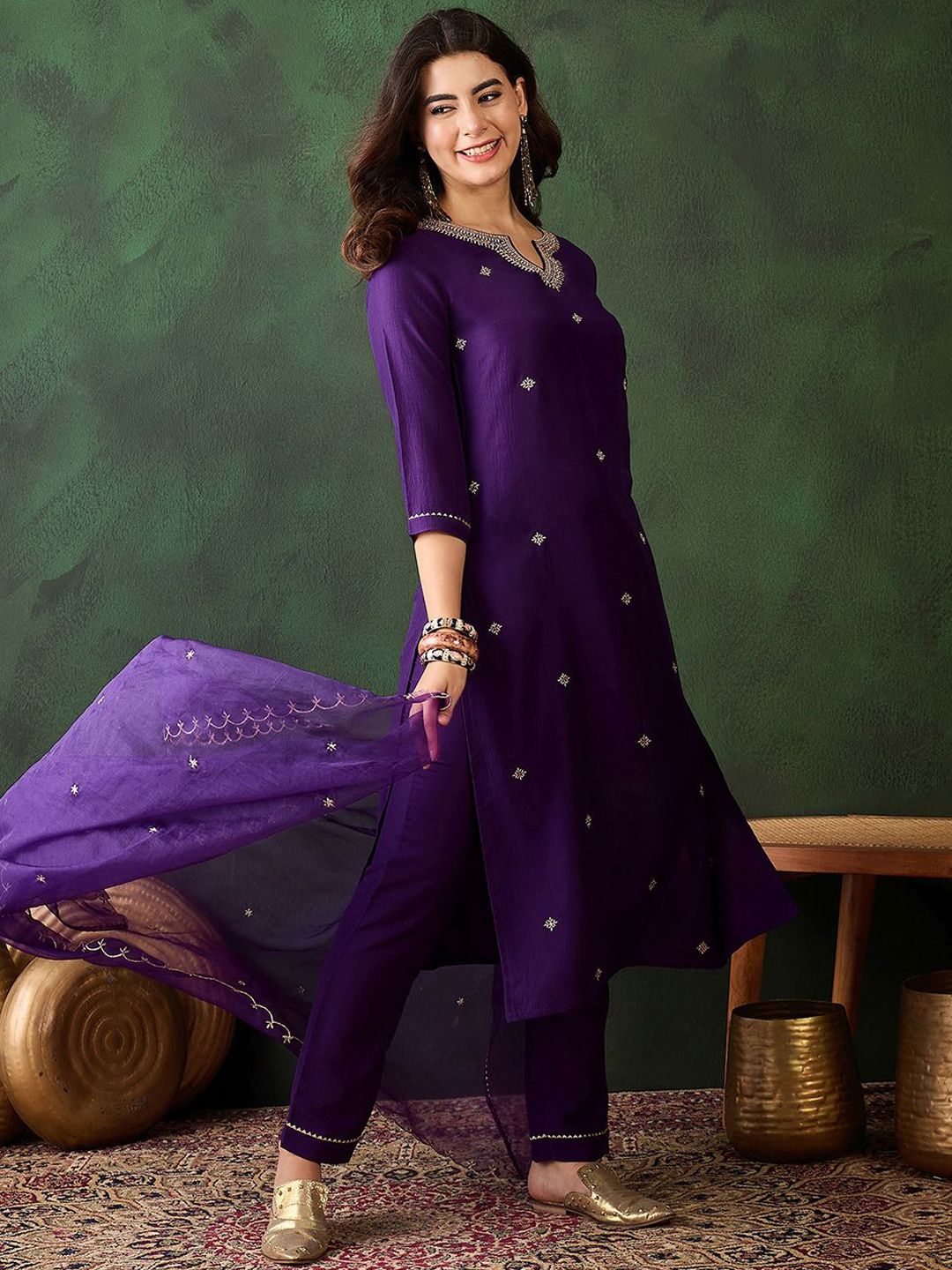 Dhiyona SN Women's Floral Embroidered Three-Quarter Sleeves Straight Kurta & Trouser & Dupatta