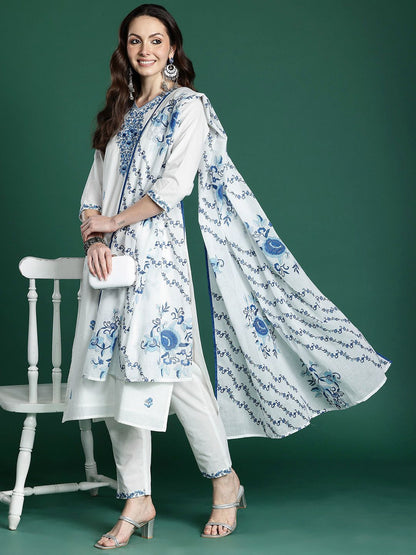 Floral Embroidered Pure Cotton Kurta with Trousers & Dupatta
