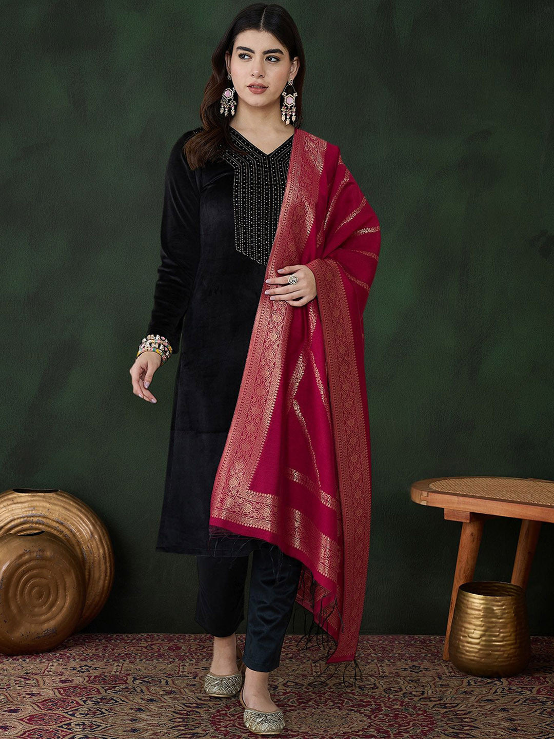 Self-Design Winter Velvet Kurta With Trousers & Dupatta