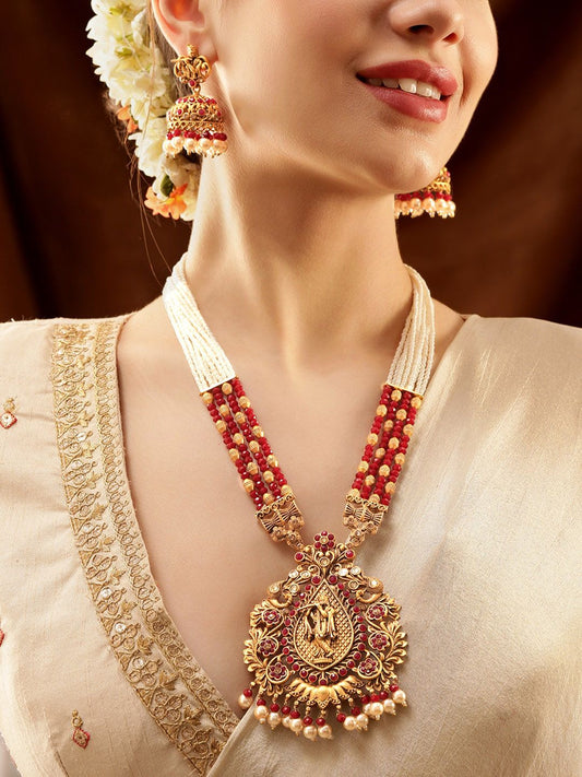 Dhiyona RJ Women's 18K Gold-Plated Red Stone Studded Pearl Beads Divine Krishna Temple Jewellery Set