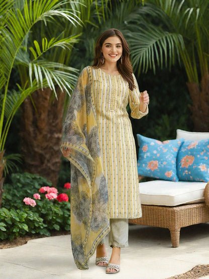 Dhiyona IS Women's Women Striped Thread Work Silk Chiffon Kurta with Trousers & Dupatta