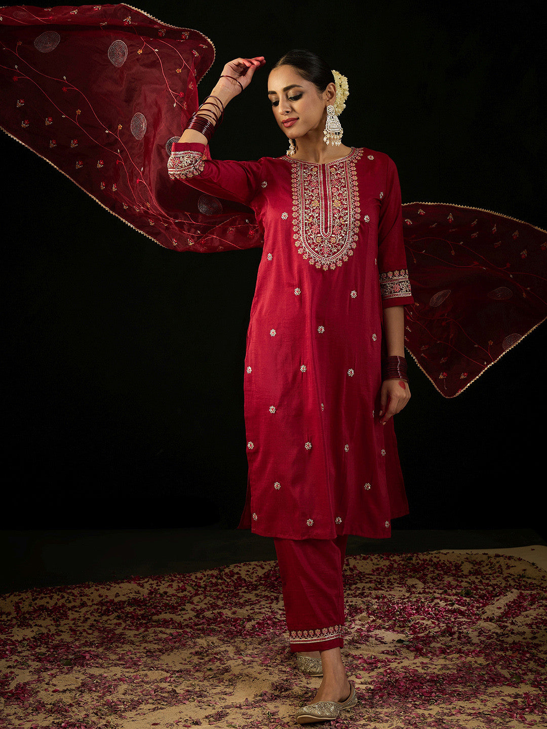 Round Neck Floral Embroidered Straight Kurta with Trouser & Dupatta