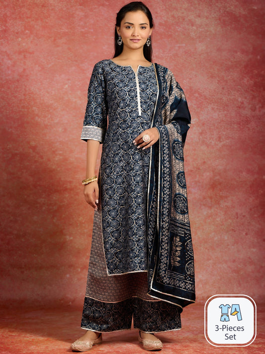 Ethnic Motifs Printed Gotta Patti Straight Kurta & Palazzos With Dupatta