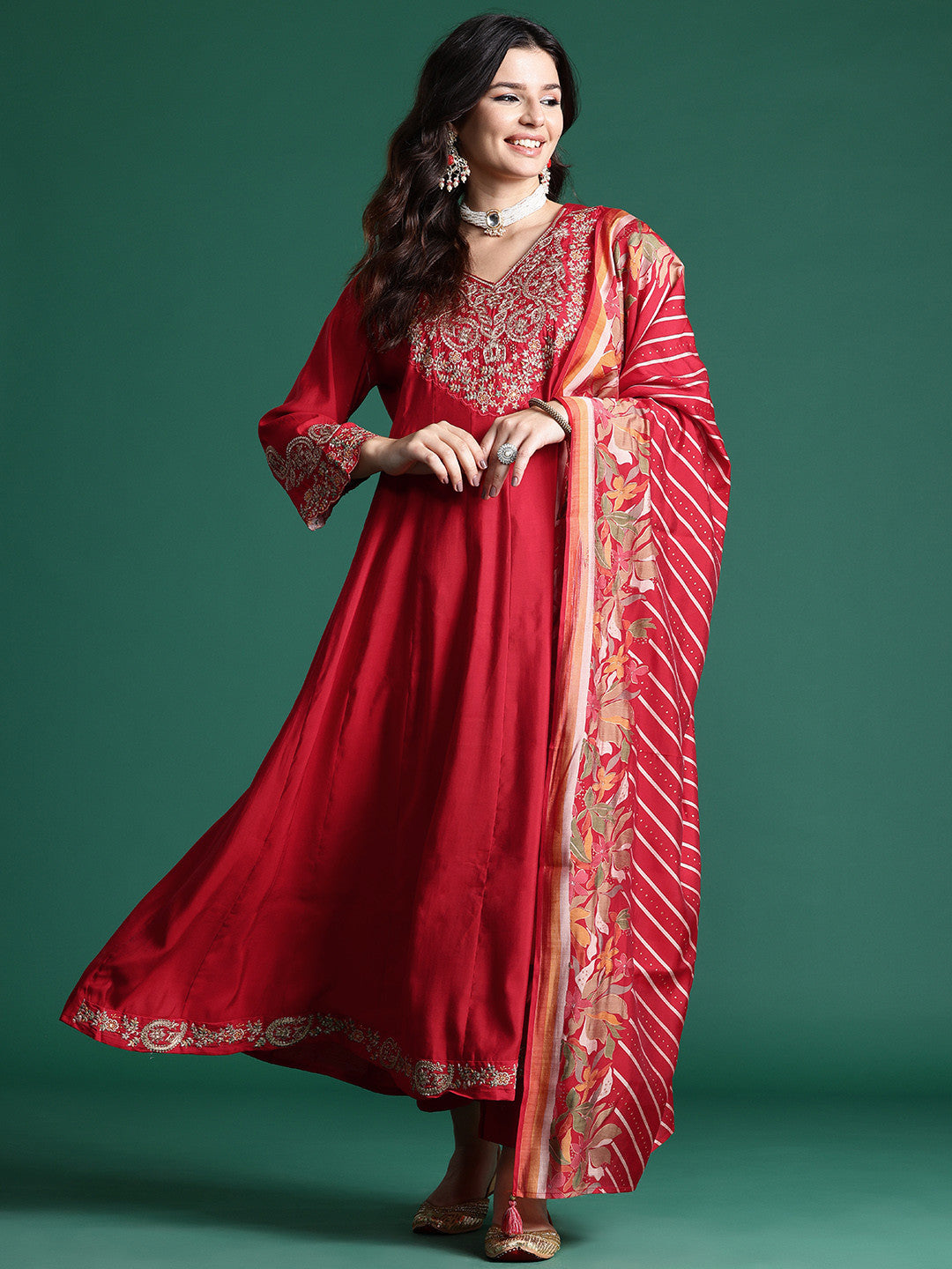 Floral Embroidered Sequinned Kurta With Trousers & Dupatta