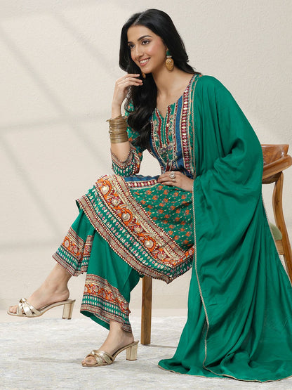 Dhiyona LL Women Ethnic Motifs Printed Regular Mirror Work Kurta with Palazzos & With Dupatta