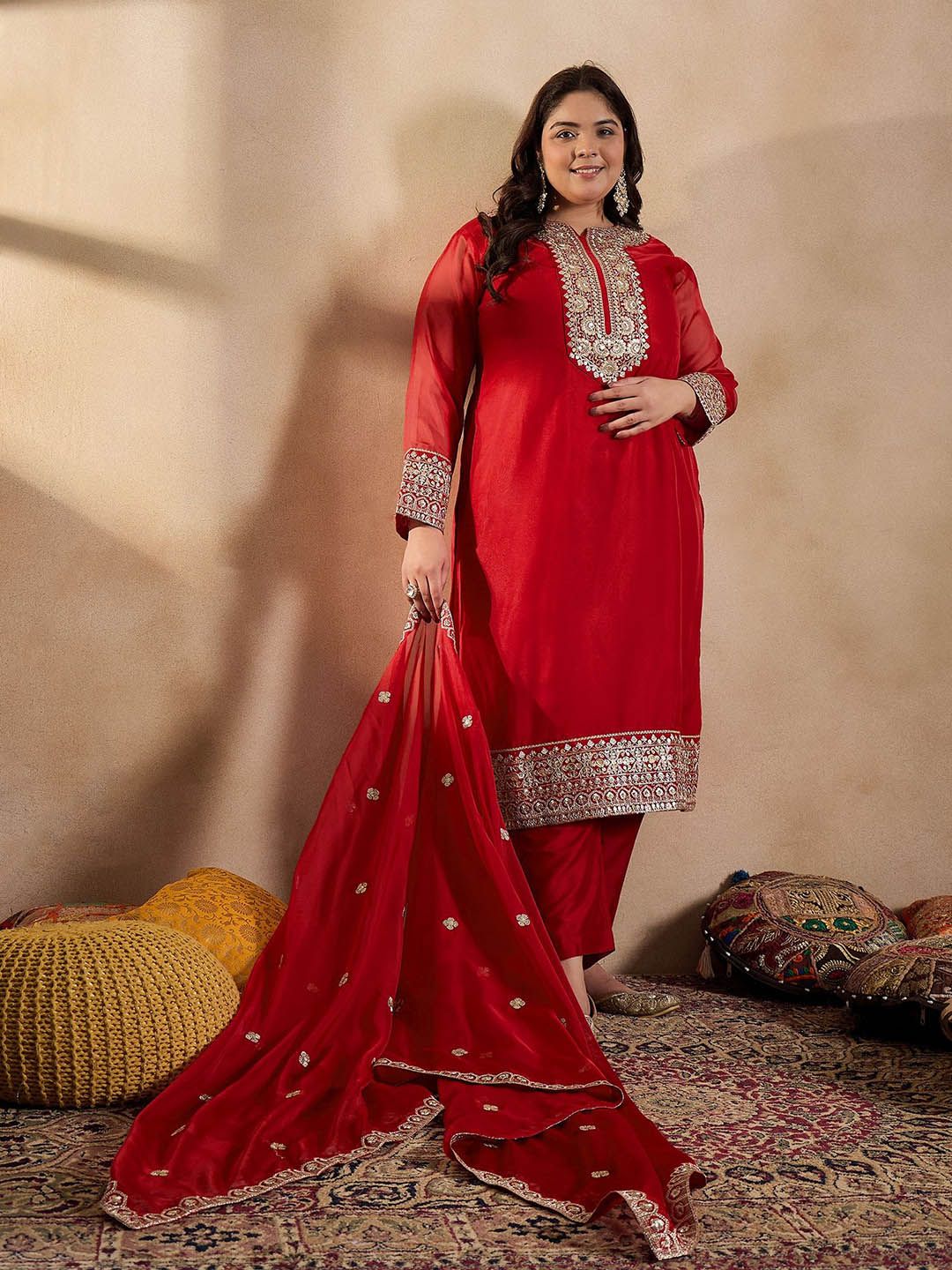 Dhiyona IN Women Ethnic Motifs Yoke Design Regular Sequinned Kurta with Trousers & With Dupatta