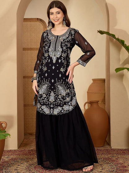 Dhiyona SN Ethnic Motifs Embroidered Sequinned Kurta With Sharara & Dupatta