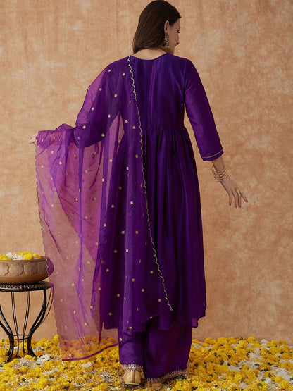 Dhiyona SN Women's Alia Cut Ethnic Motifs Embroidered Anarkali Kurta With Palazzo & Dupatta Set