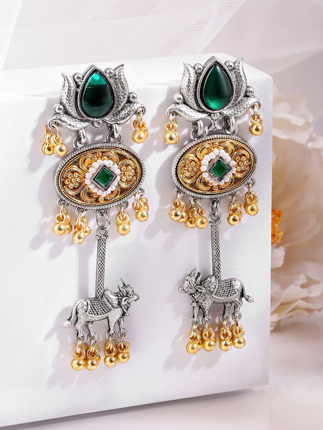 Dhiyona RJ Women's Silver & Gold Dual-Plated Oxidised Emerald Green Lotus Motif Cow Design Earrings