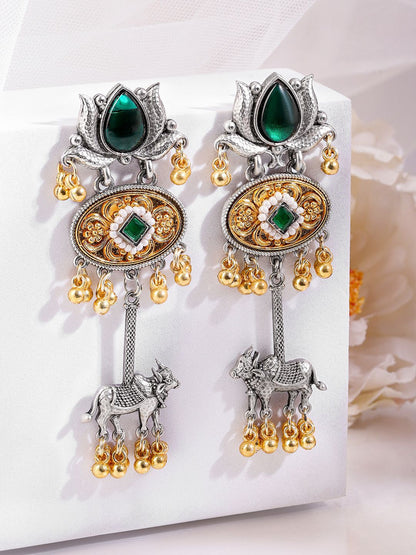 Dhiyona RJ Women's Silver & Gold Dual-Plated Oxidised Emerald Green Lotus Motif Cow Design Earrings