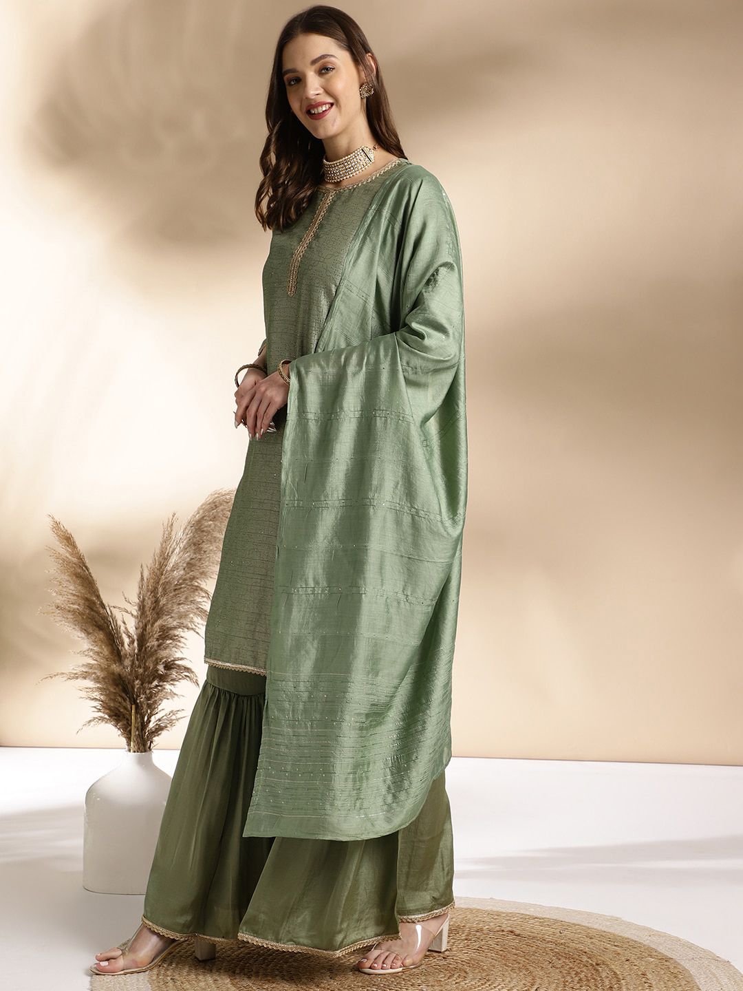 Dhiyona AN Green Ethnic Motifs Printed Straight Pure Silk Kurta With Sharara & Dupatta