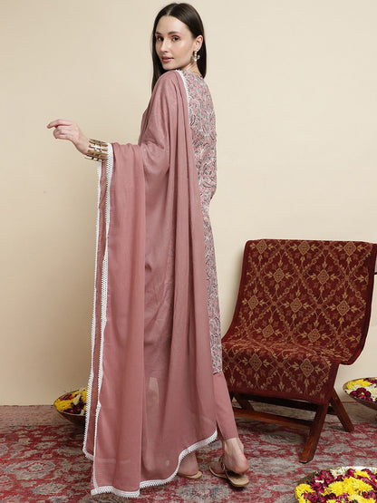 Floral Printed Pure Cotton Round Neck Kurta With Trousers & Dupatta