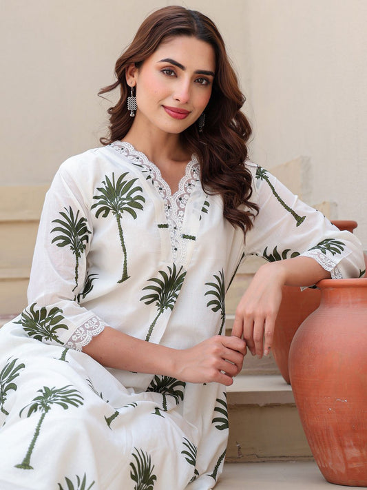 Floral Printed V-Neck Pure Cotton Kurta With Trousers