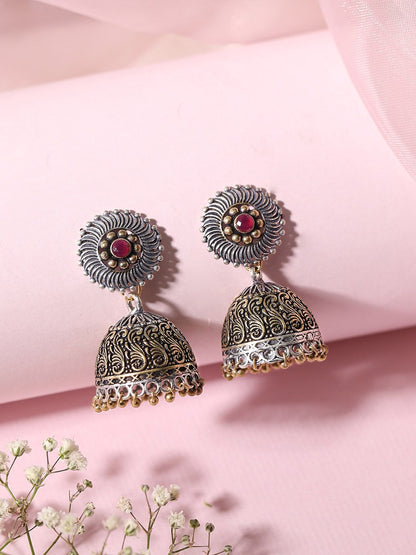 Dhiyona RJ Women's Silver-Plated & Gold-Toned Handcrafted Oxidised Dome Shaped Jhumkas