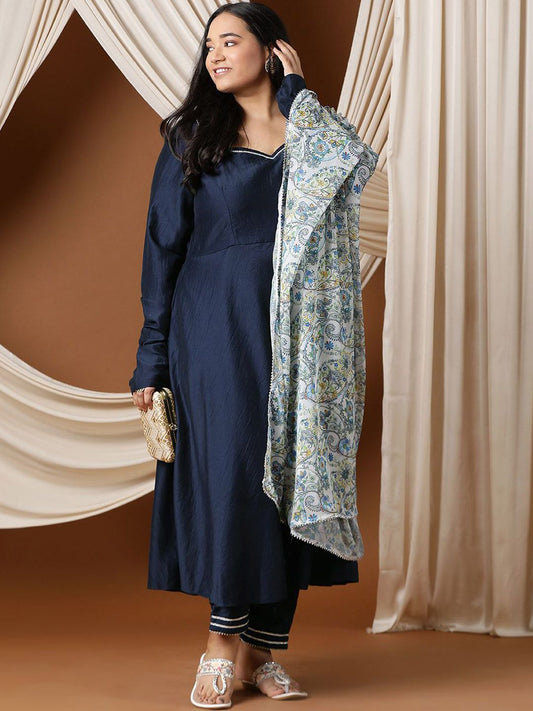 Dhiyona IN Sweetheart Neck A-Line Kurta & Trousers With Dupatta