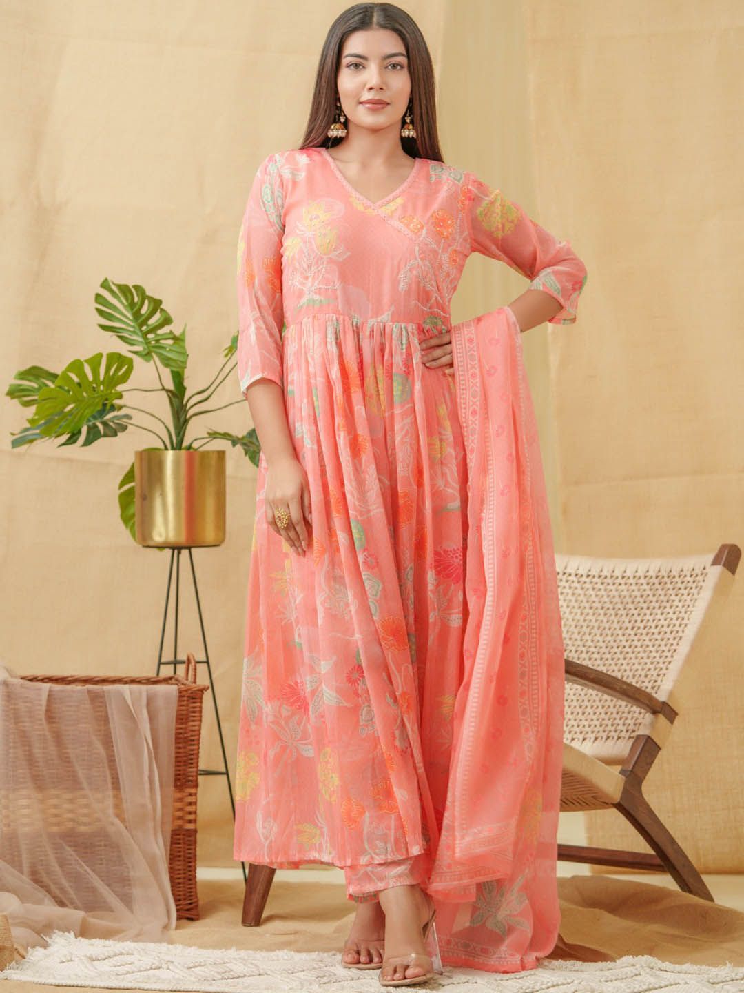 Dhiyona SN Floral Printed Angrakha A-Line Kurta With Palazzos & Dupatta
