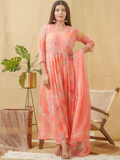 Dhiyona SN Floral Printed Angrakha A-Line Kurta With Palazzos & Dupatta