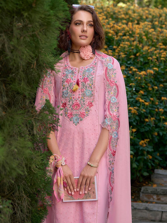 Women Floral Embroidered Regular Pure Cotton Kurta with Trousers & Dupatta
