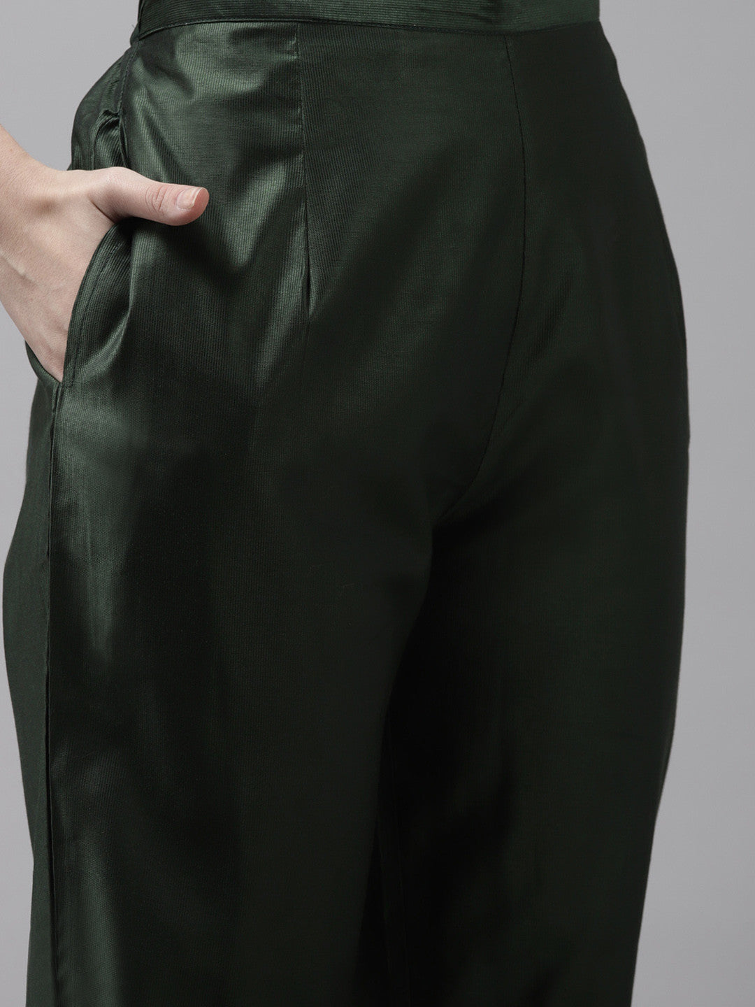 Women Green & Golden Ethnic Yoke Design Liva Kurta with Trousers & With Dupatta