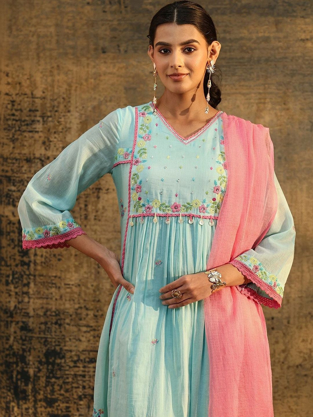 Baby Blue Floral Embroidered Cotton Anarkali Suit Set