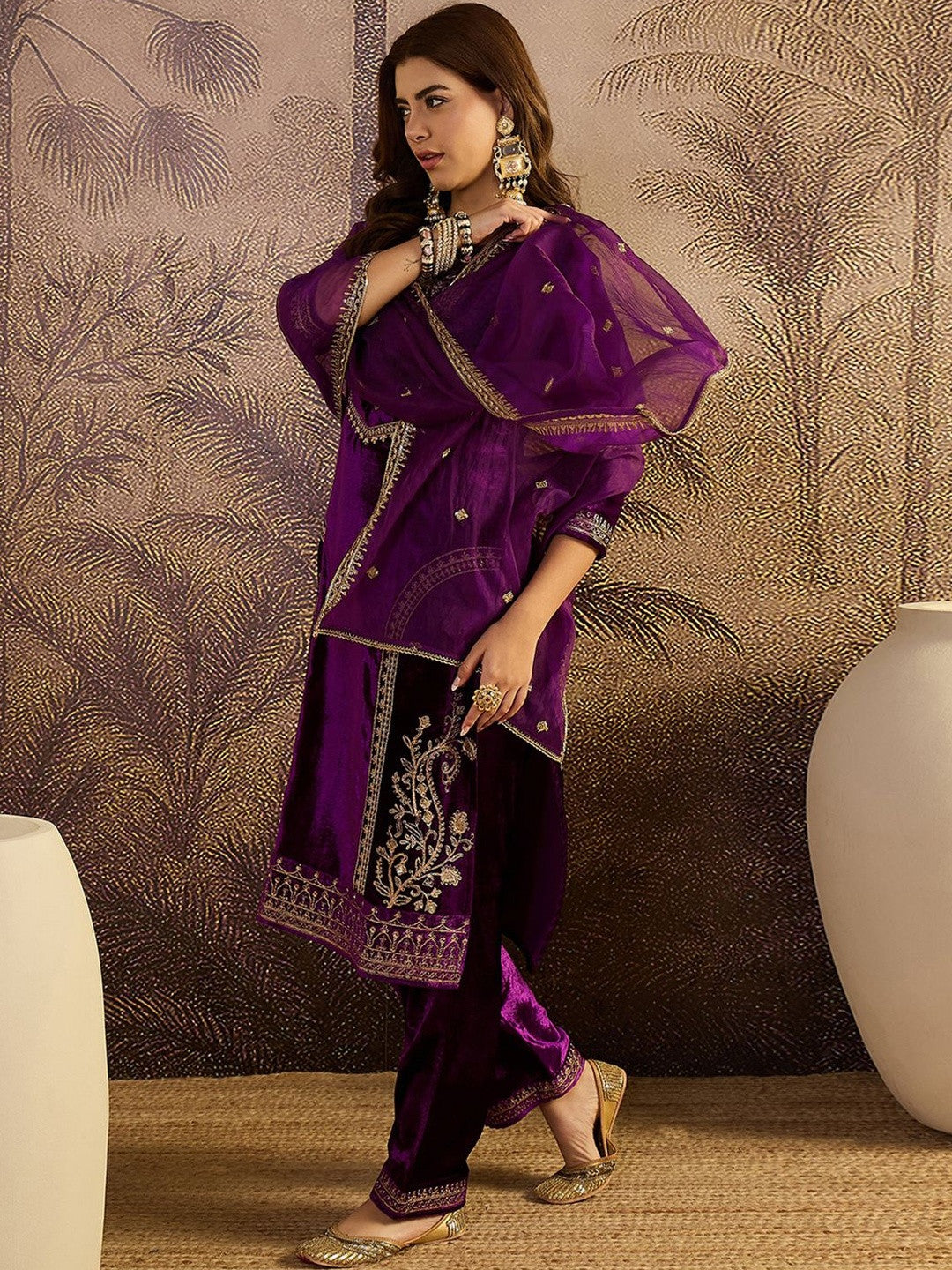 Zari Sequence Cording Embroidered Velvet Kurta with Trousers & Dupatta Set