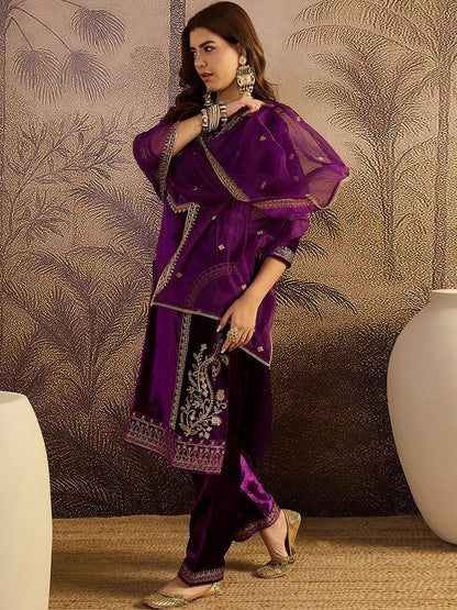 Zari Sequence Cording Embroidered Velvet Kurta with Trousers & Dupatta Set