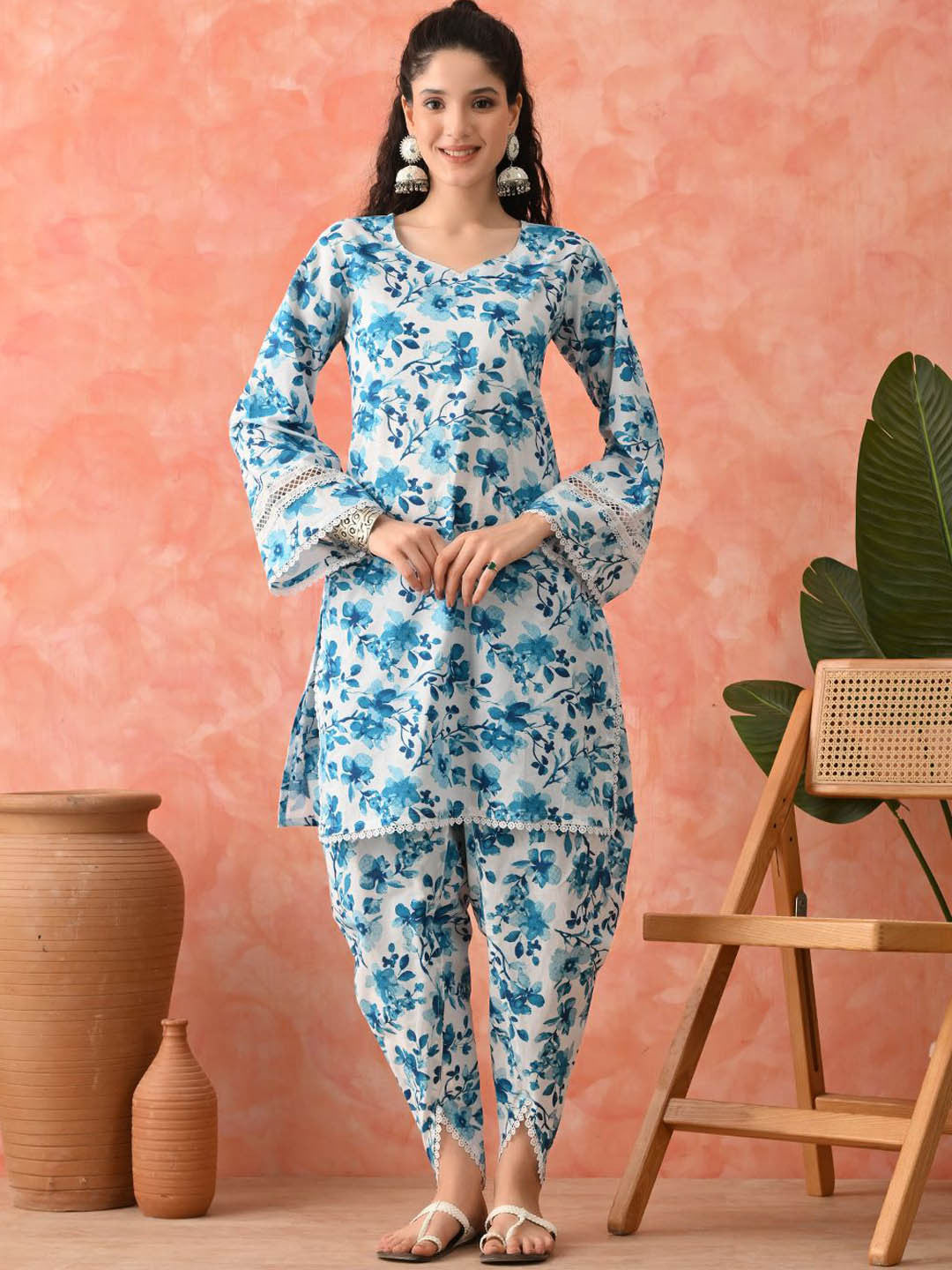 Dhiyona SN Women Floral Printed Cotton Kurta with Dhoti Pant