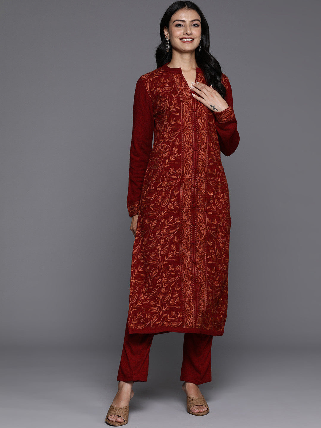Women Floral Embroidered Regular Thread Work Pure Wool Kurta with Trousers