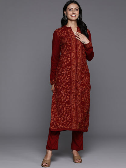 Women Floral Embroidered Regular Thread Work Pure Wool Kurta with Trousers