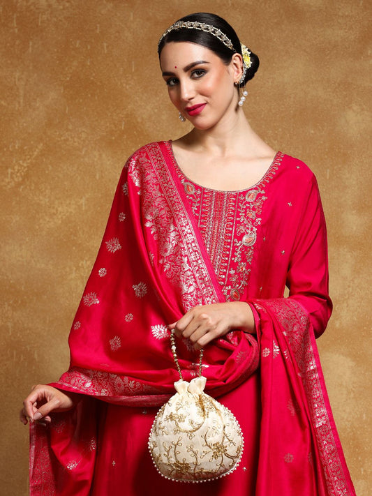 Dhiyona VA Women'sFloral Embroidered Round Neck Straight Kurta With Trousers & Dupatta