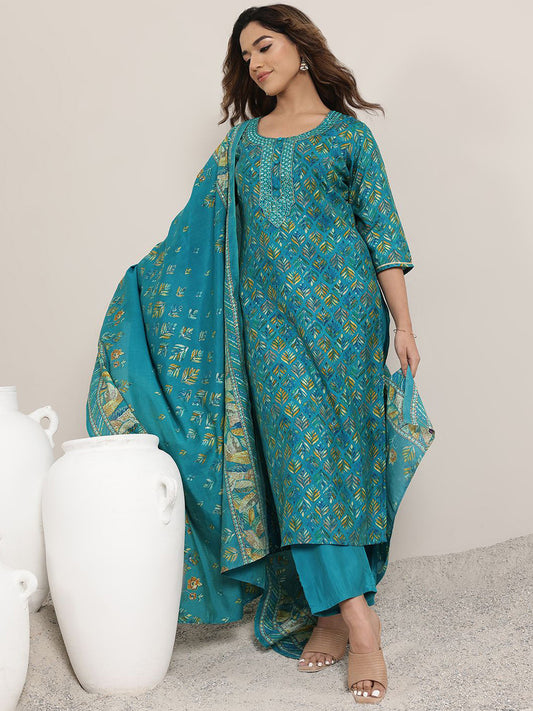 Blue Floral Printed Round Neck Mirror Work Straight Kurta With Trouser & Dupatta