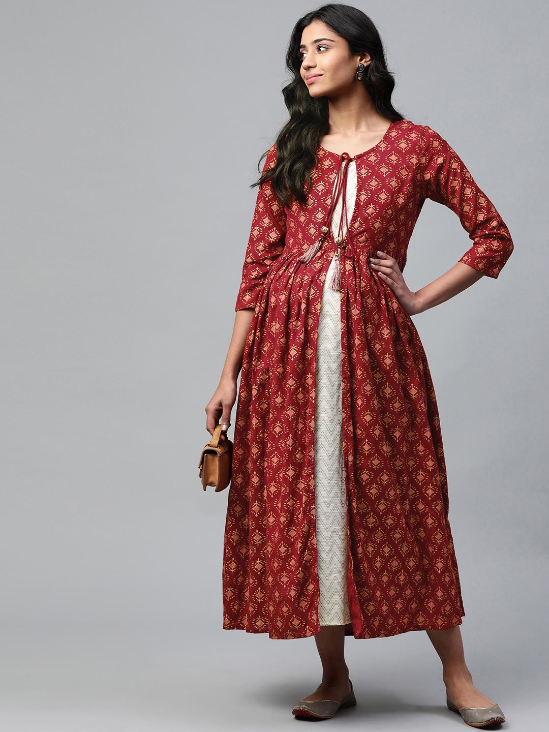Dhiyona AY Women's Maroon & Golden Block Print Cotton Layered Maxi Nursing Dress