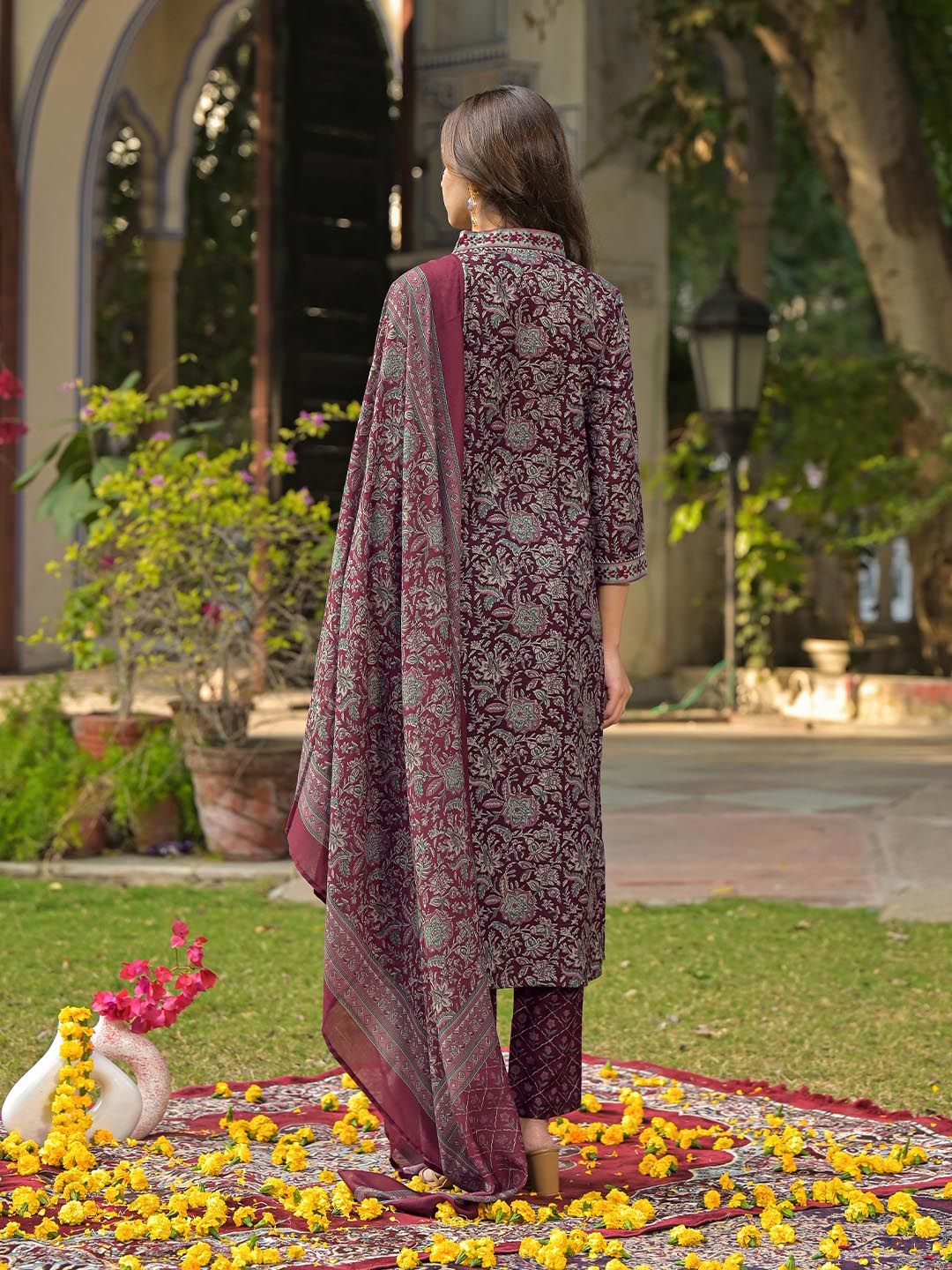 Dhiyona KL Floral Printed Pleated Kurta with Trouser & Dupatta