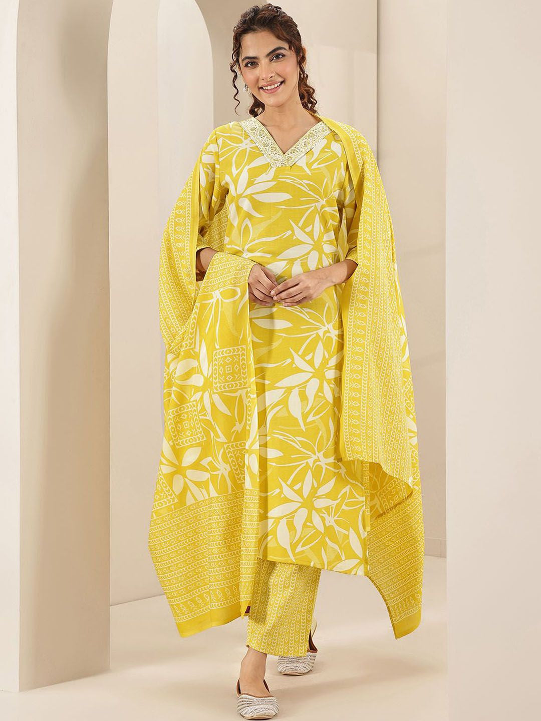 Floral Printed V Neck Thread Work Straight Kurta With Trousers & Dupatta