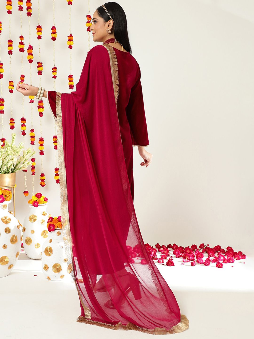 Dhiyona VA Burgundy Ethnic Motifs Embroidered Velvet Kurta With Palazzos & Dupatta