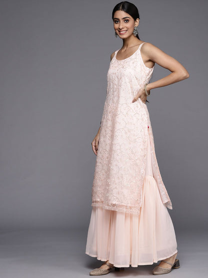 Dhiyona VA Women Peach-Coloured Floral Sequinned Kurta with Sharara & With Dupatta