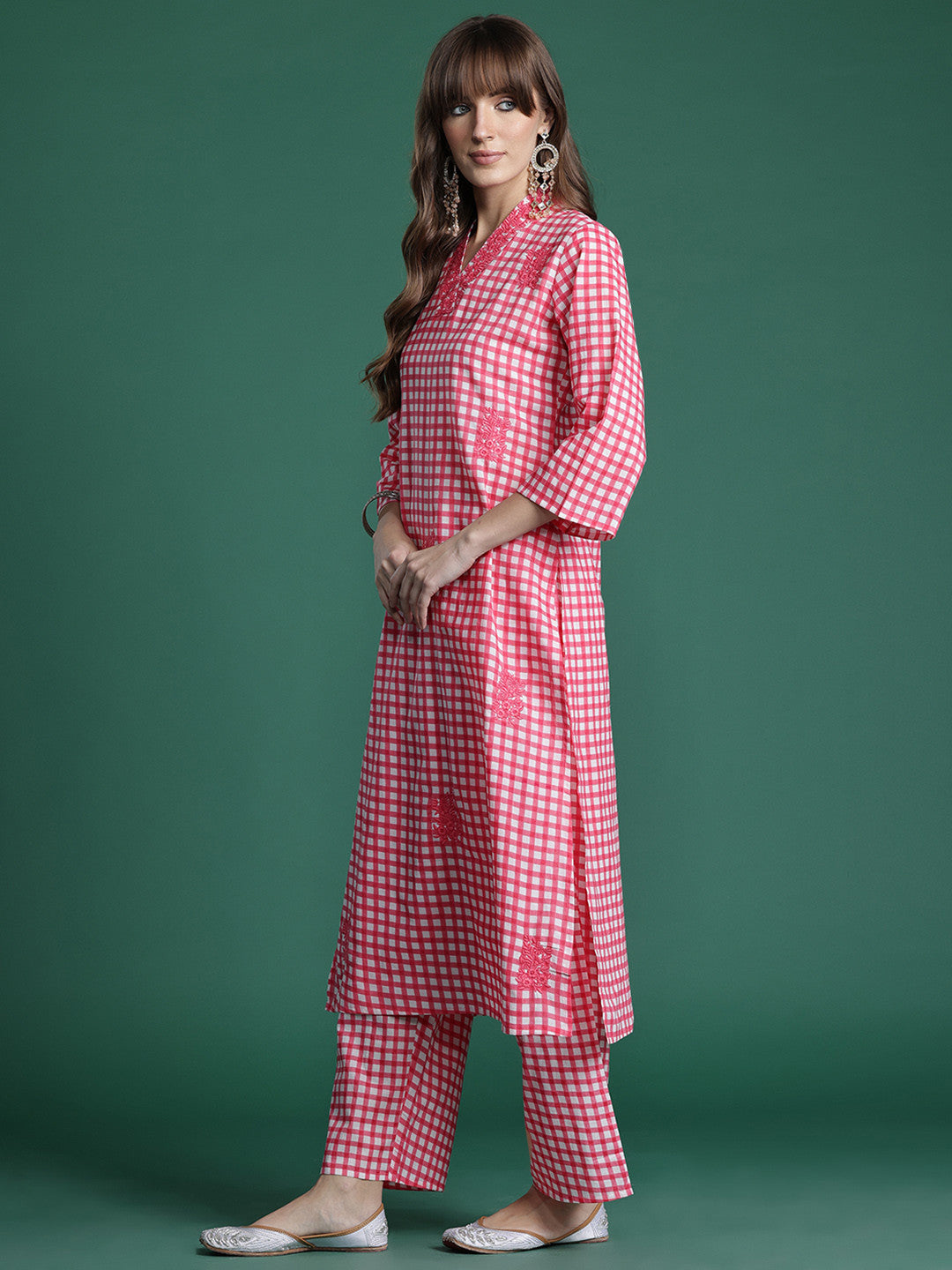 Checked Thread Work Pure Cotton Kurta with Trousers