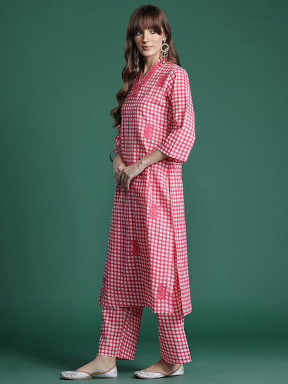 Checked Thread Work Pure Cotton Kurta with Trousers