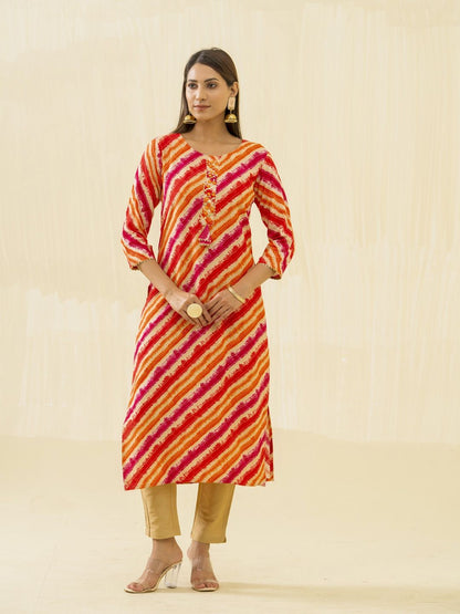 Dhiyona OD  Orange Striped Round Neck Gotta Patti Straight Kurta