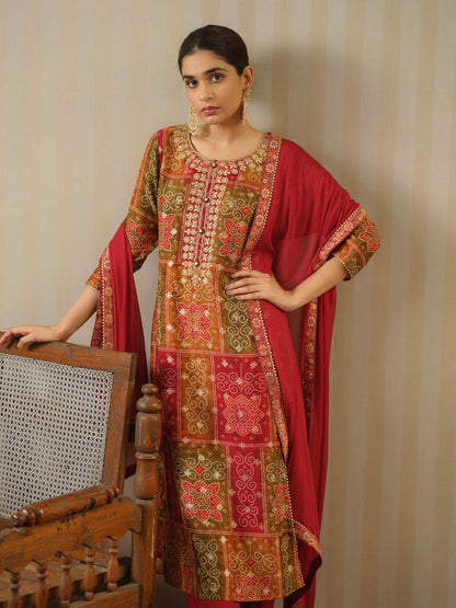 Dhiyona IS Women's Bandhani Printed Sequinned Round Neck Pure Silk Kurta with Trousers & Dupatta
