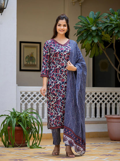 Dhiyona KL Floral Printed V Neck Straight Kurta With Trousers & Dupatta