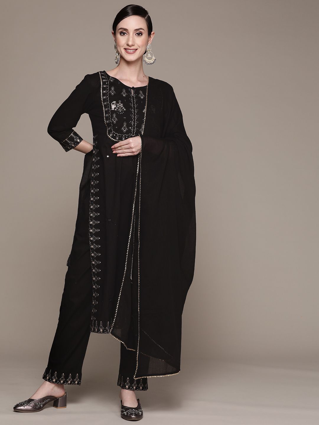 Dhiyona IS Women's Women Black Ethnic Motifs Yoke Design High Slit Kurta with Trousers & With Dupatta
