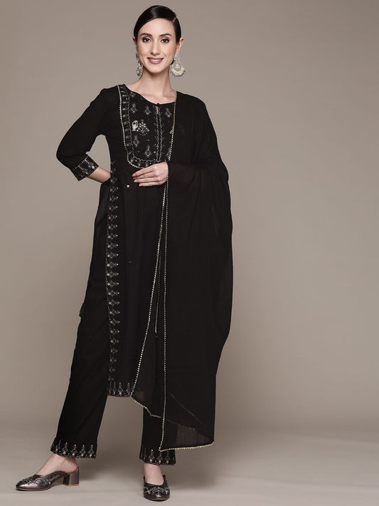 Dhiyona IS Women's Women Black Ethnic Motifs Yoke Design High Slit Kurta with Trousers & With Dupatta