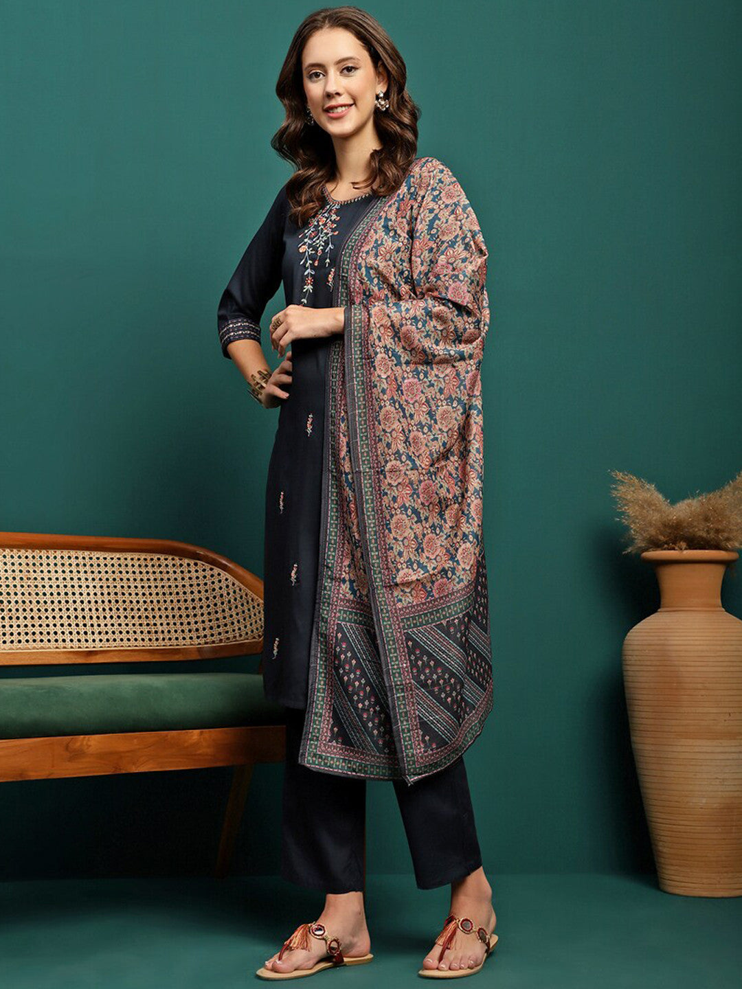 Embroidered Straight Kurta With Trouser & Dupatta Set