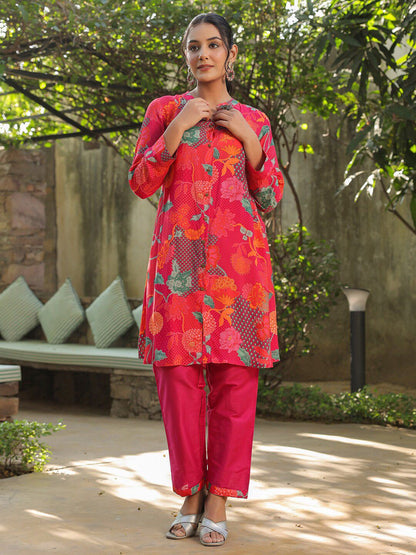 Dhiyona RR Women's Floral Printed Mandarin Collar A-Line Kurta With Trouser
