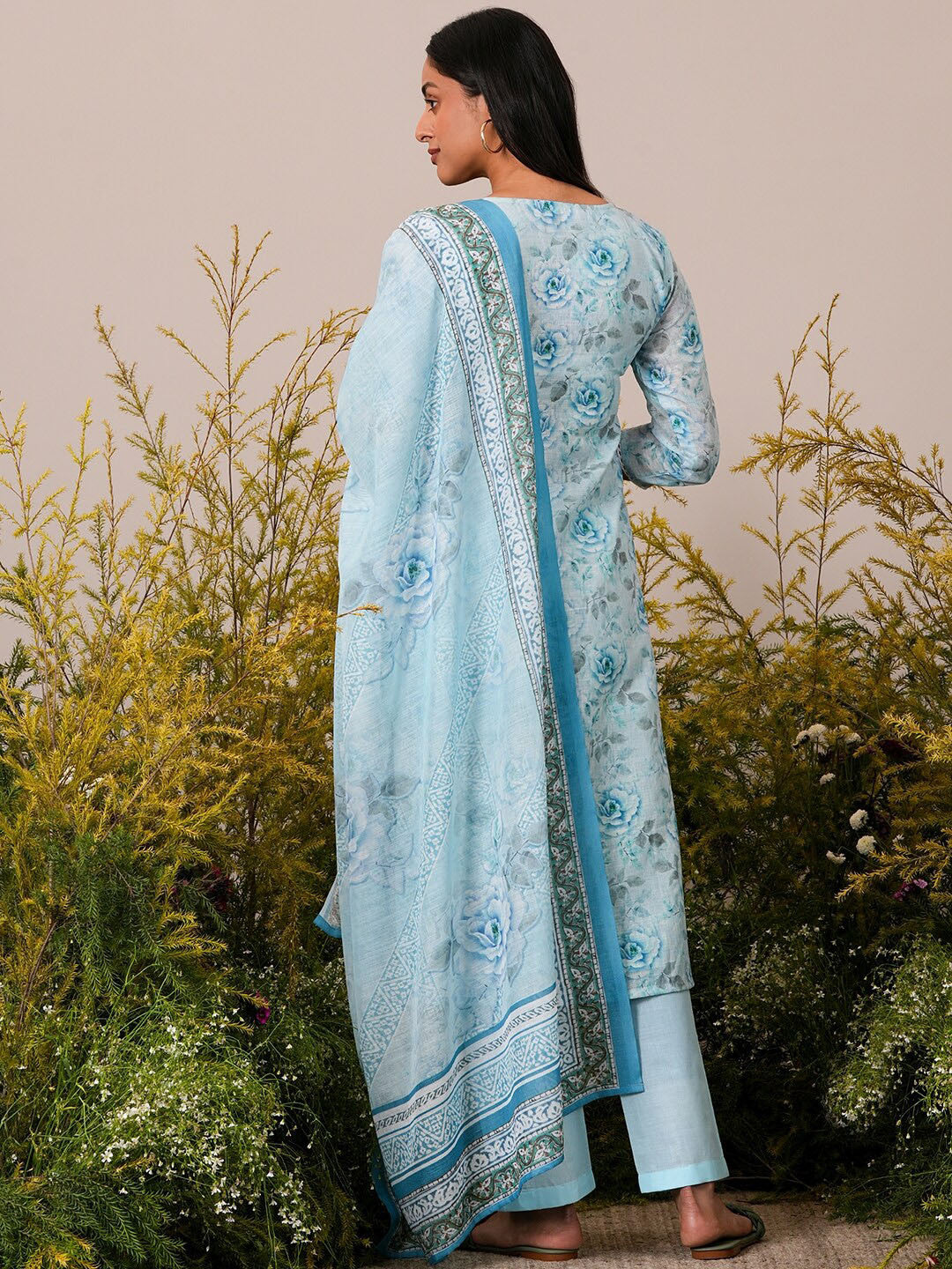 Floral Printed Regular Linen Kurta with Trousers & Dupatta
