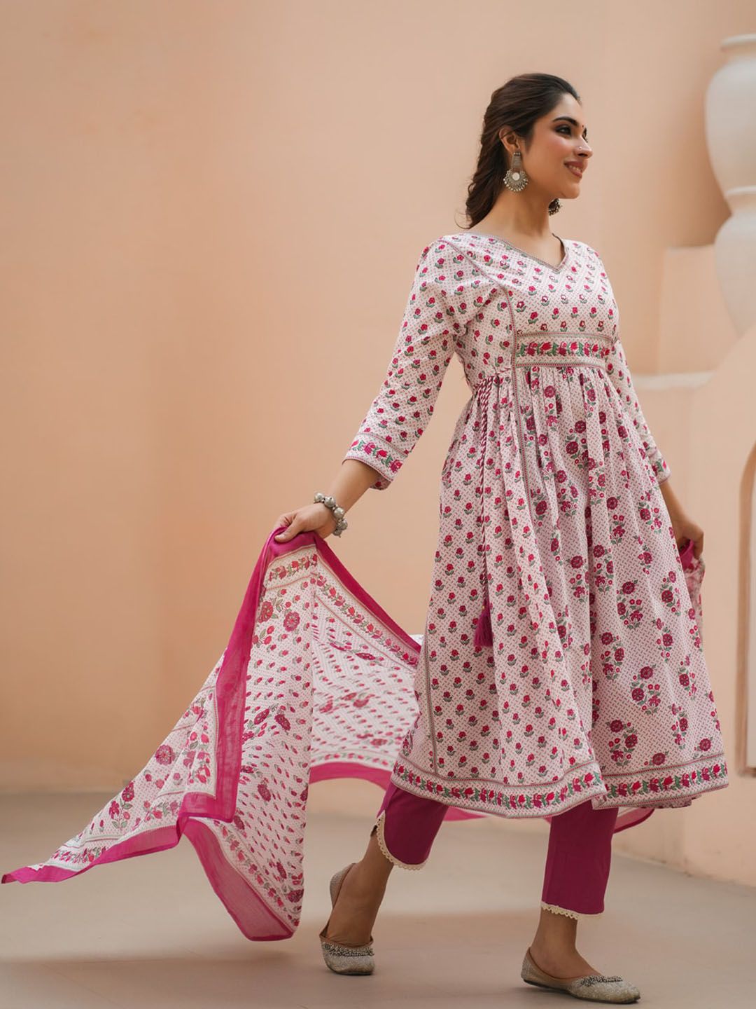 Dhiyona RR Women's Floral Printed Sequinned Pure Cotton A-Line Kurta With Trousers & Dupatta