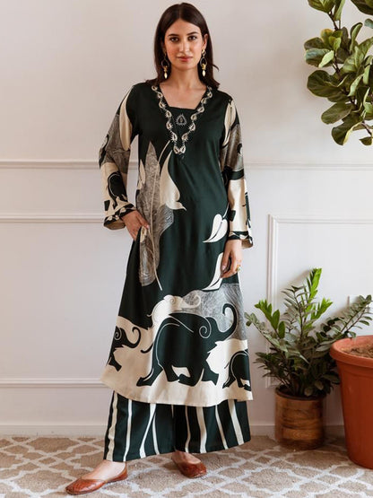 Women Printed Regular Beads and Stones Kurta with Palazzos